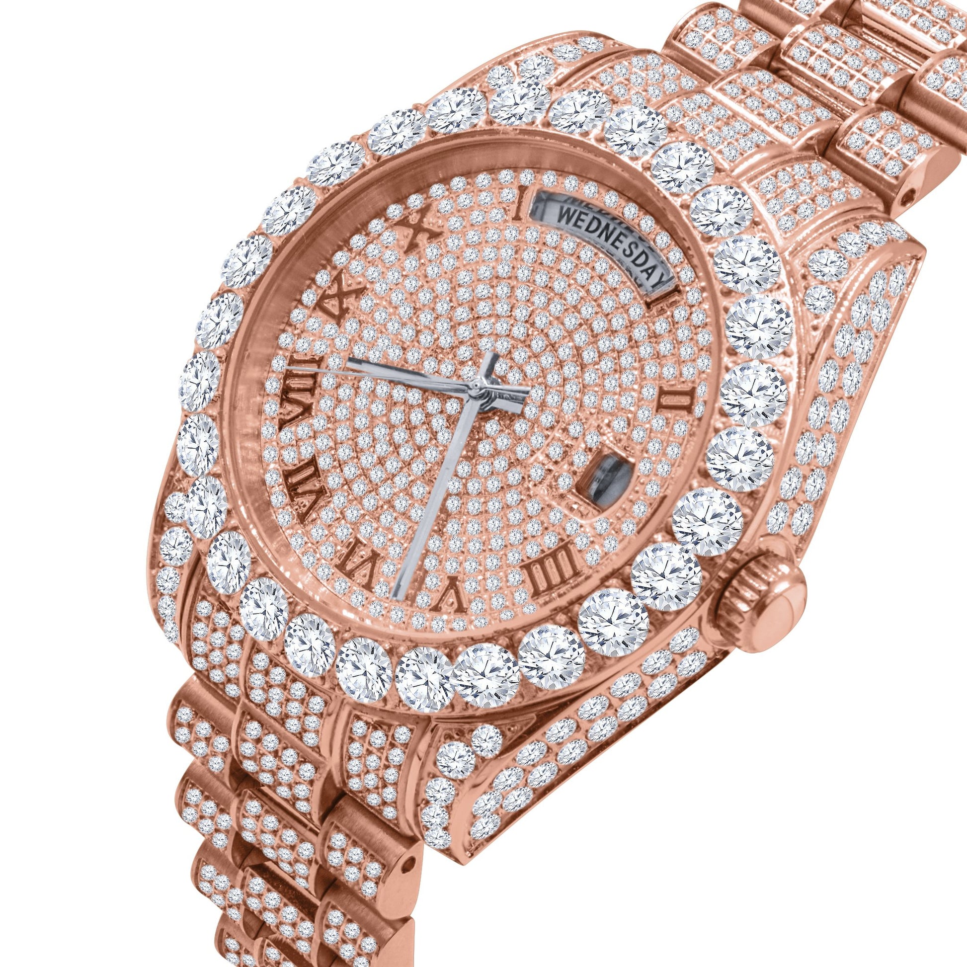 18K Rose Gold Men’s Watch – Full Steel, Day-Date, Roman Dial, Solitaire Simulated Diamond, 40mm - Iced Lux Watch Shop