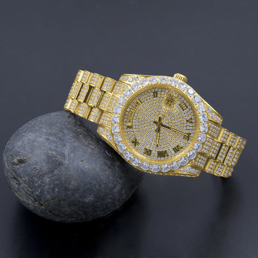 18K Yellow Gold Plated Men’s Watch – Full Steel, Day-Date, Roman Dial, Solitaire Simulated Diamond, 40mm - Iced Lux Watch Shop
