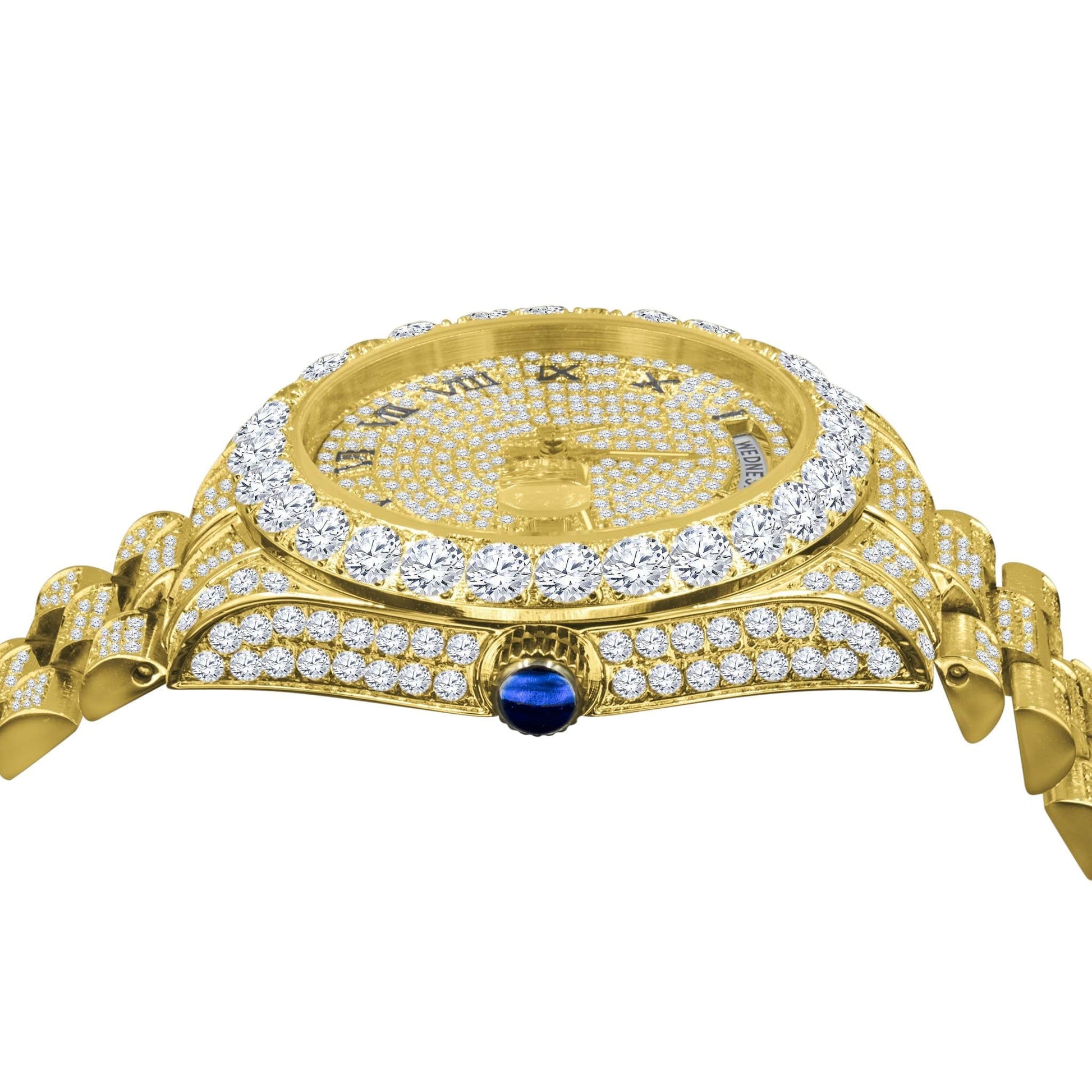 18K Yellow Gold Plated Men’s Watch – Full Steel, Day-Date, Roman Dial, Solitaire Simulated Diamond, 40mm - Iced Lux Watch Shop