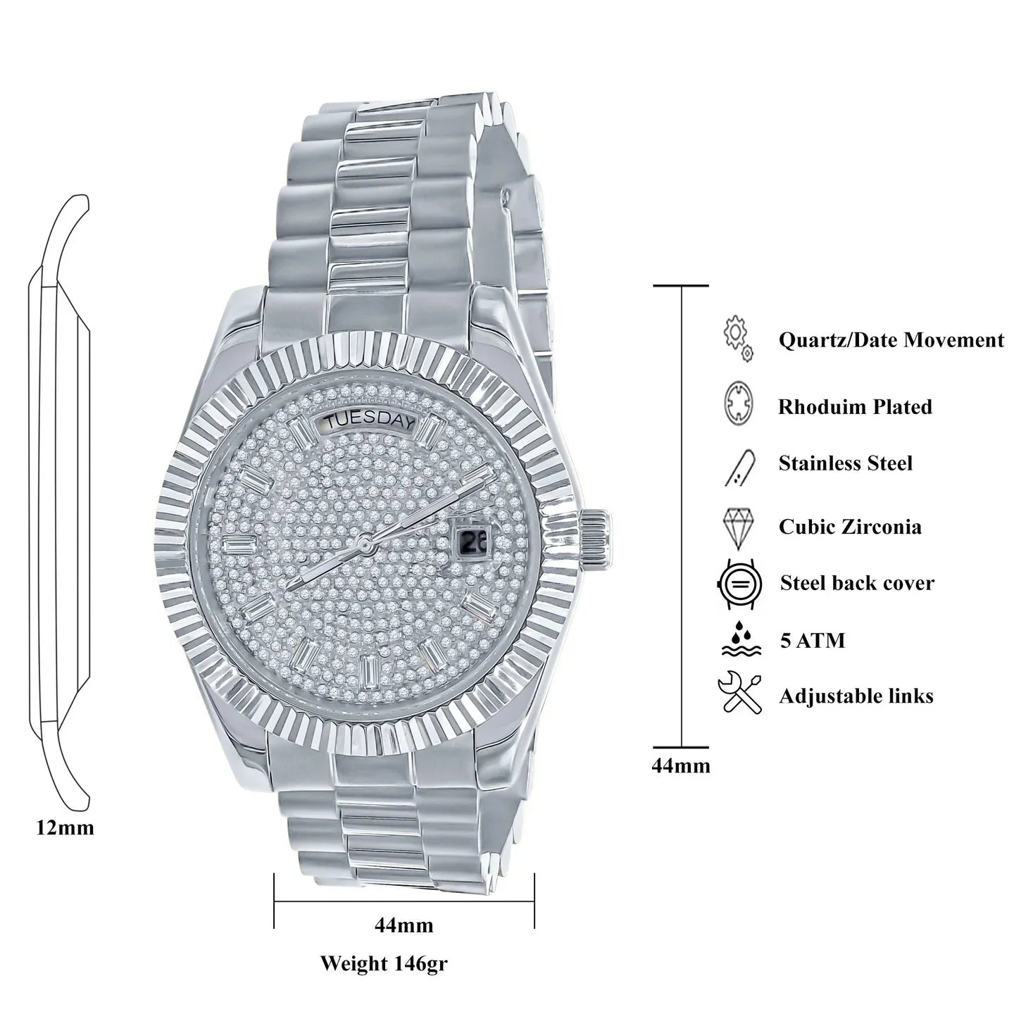 ARISTOCRATIC – 44 mm Fully Iced Hip-Hop Watch | CZ Stones, Alloy, Adjustable Links - Iced Lux Watch Shop