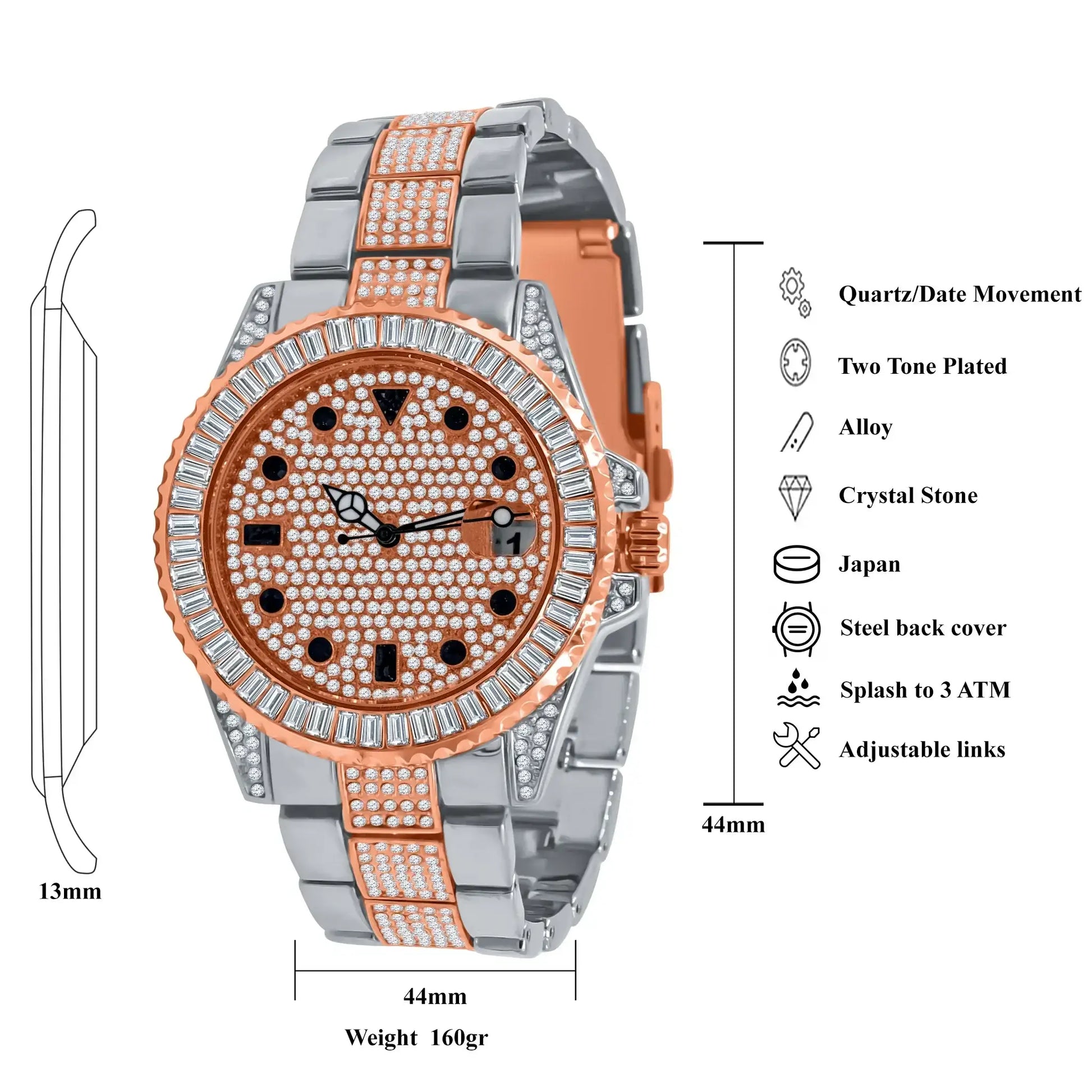 Luxury watch with rose gold and silver band, detailed specifications on a white background