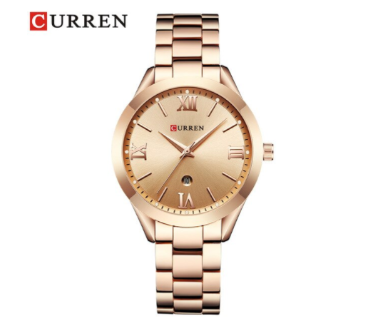 Rose gold watch with 'Curren' branding on a white background
