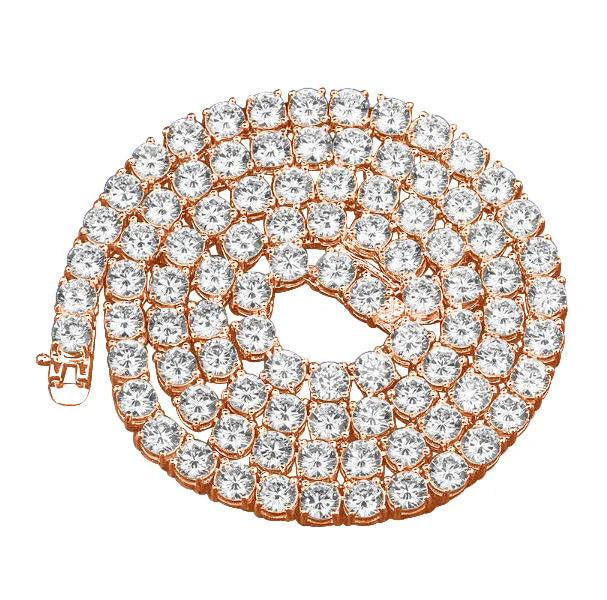 Rose gold bracelet with clear gemstones on a white background