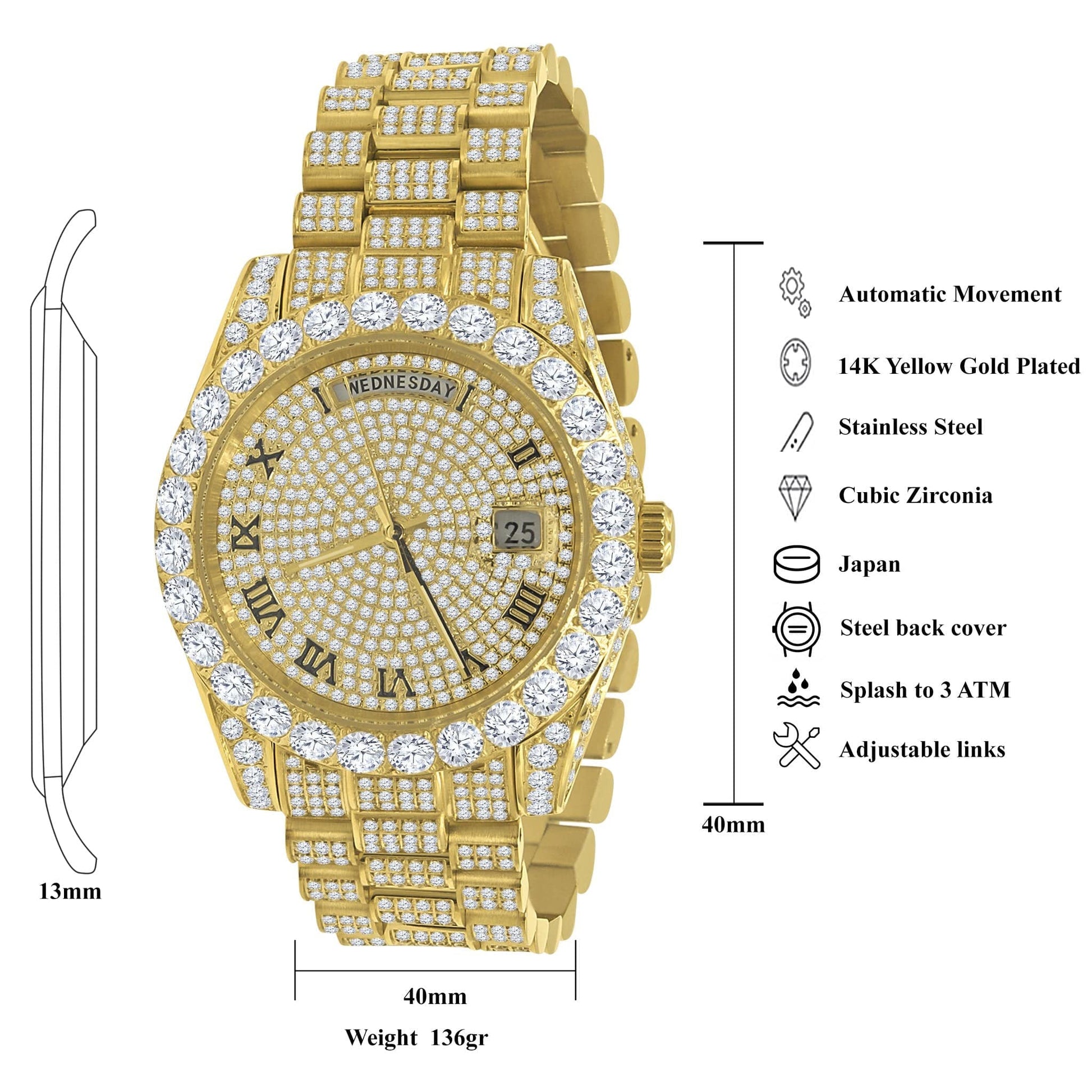 18K Yellow Gold Plated Men’s Watch – Full Steel, Day-Date, Roman Dial, Solitaire Simulated Diamond, 40mm - Iced Lux Watch Shop
