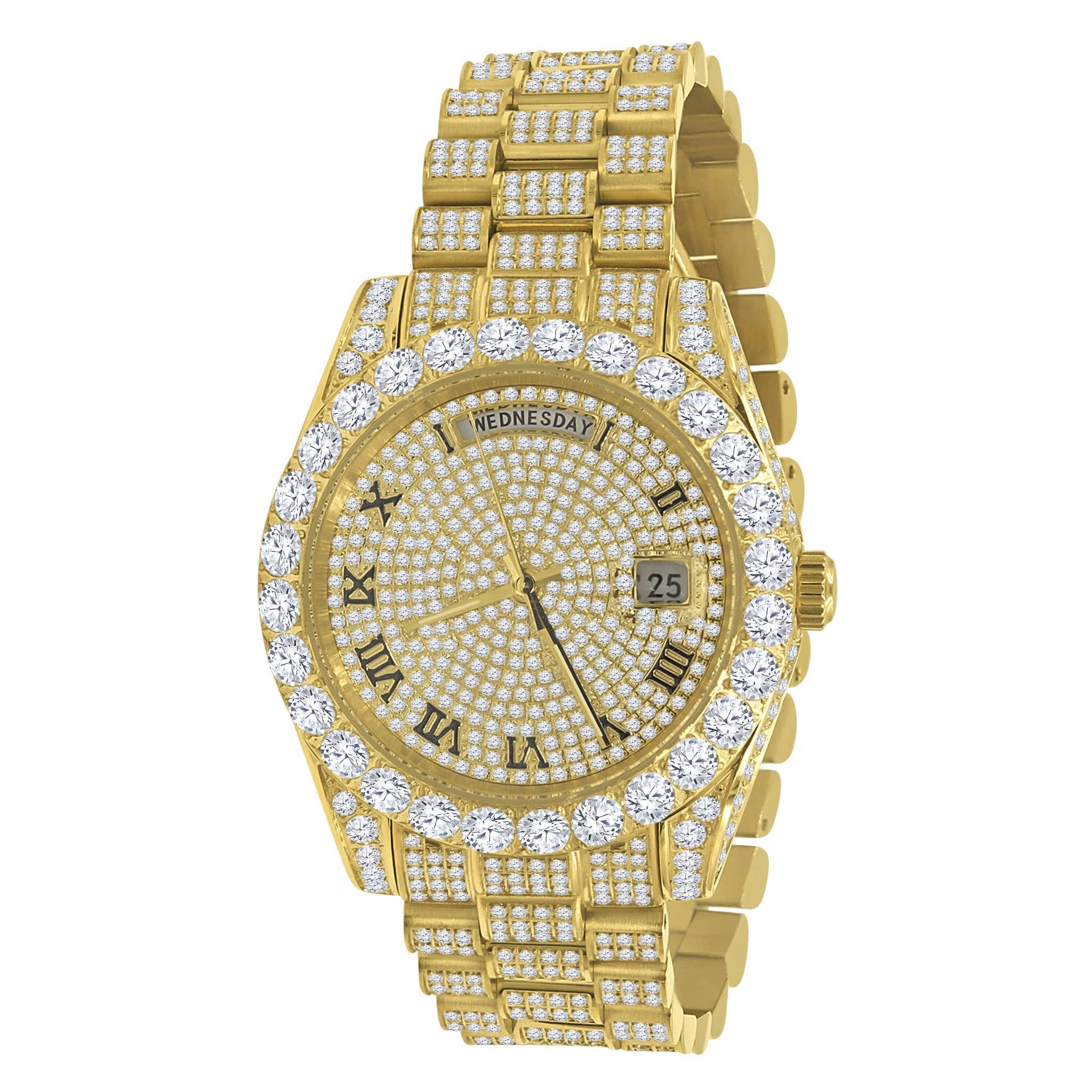 Gold watch with diamond-studded face and band on a white background