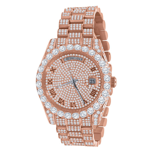 18K Rose Gold Men’s Watch – Full Steel, Day-Date, Roman Dial, Solitaire Simulated Diamond, 40mm - Iced Lux Watch Shop