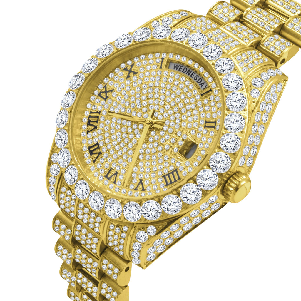 Gold watch with diamond-studded bezel on a white background
