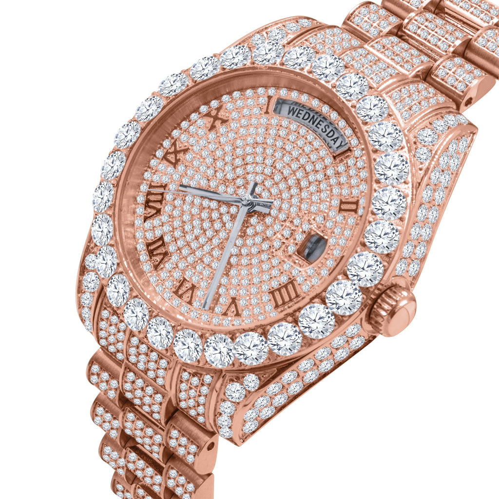 18K Rose Gold Men’s Watch – Full Steel, Day-Date, Roman Dial, Solitaire Simulated Diamond, 40mm - Iced Lux Watch Shop