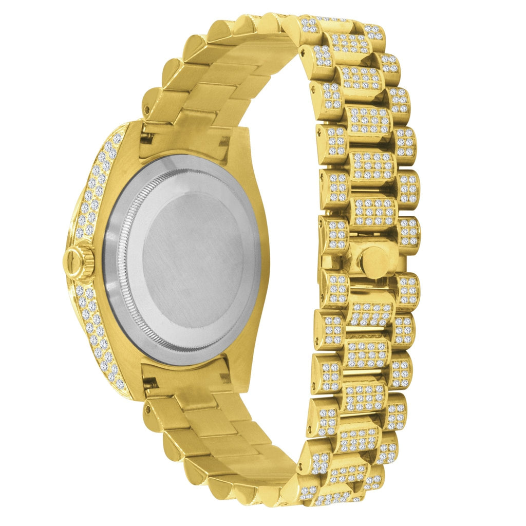 Gold watch with diamond-studded band on a white background