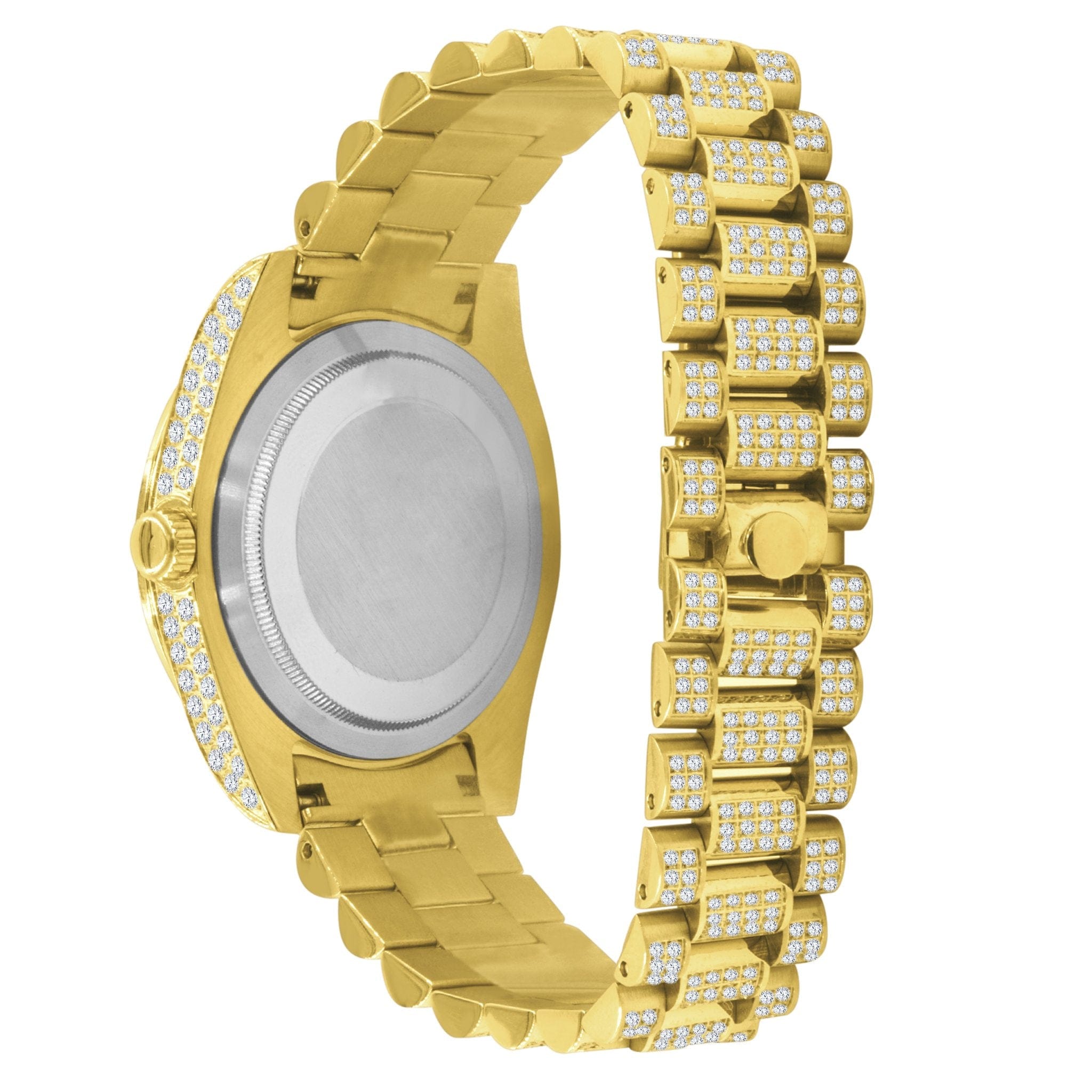 Gold watch with diamond-studded band on a white background