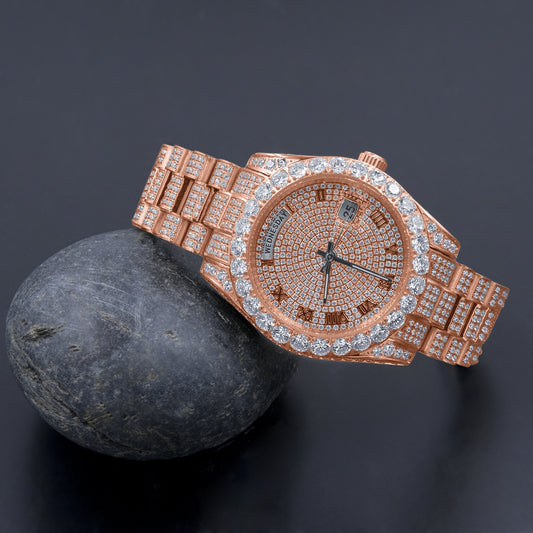 18K Rose Gold Men’s Watch – Full Steel, Day-Date, Roman Dial, Solitaire Simulated Diamond, 40mm - Iced Lux Watch Shop