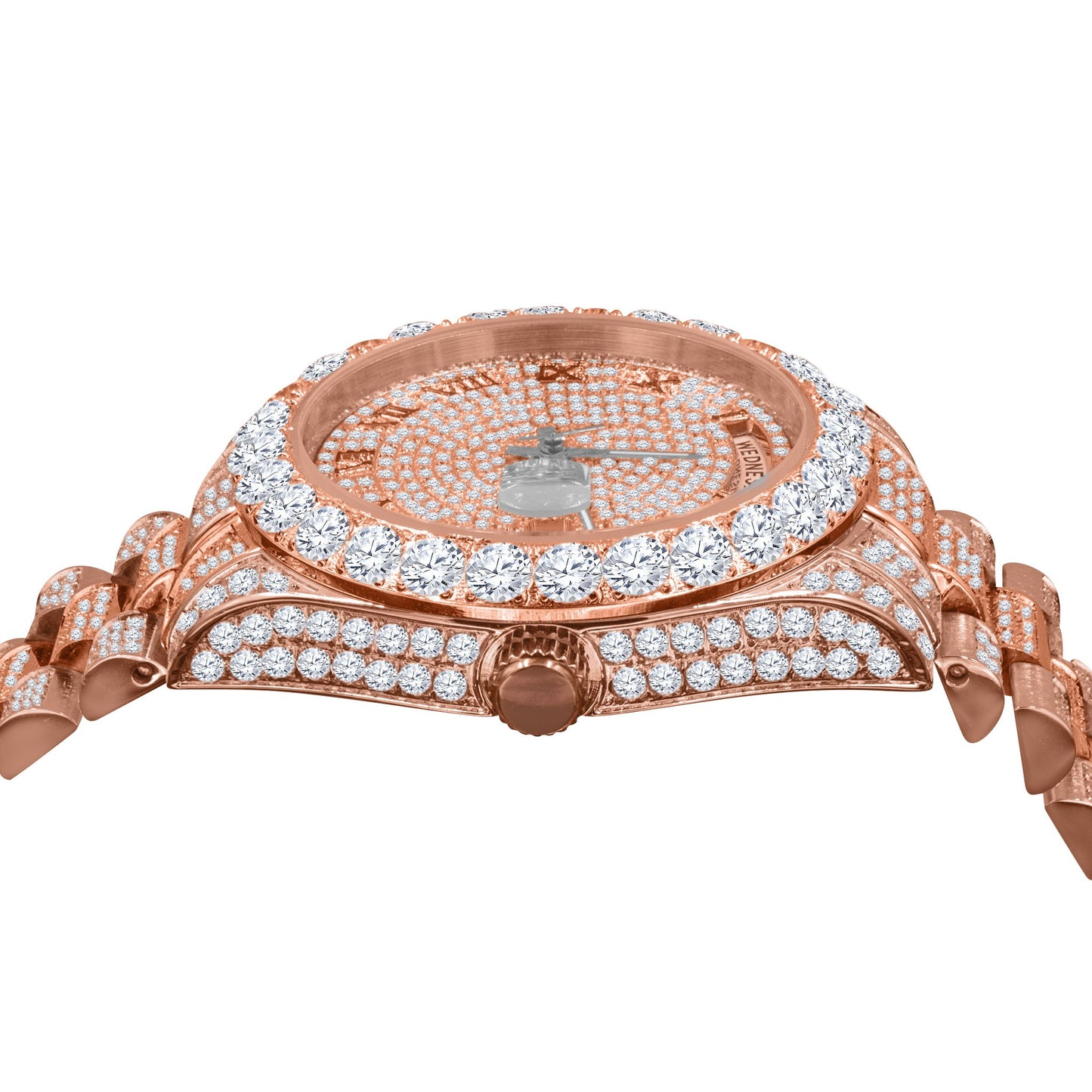 18K Rose Gold Men’s Watch – Full Steel, Day-Date, Roman Dial, Solitaire Simulated Diamond, 40mm - Iced Lux Watch Shop