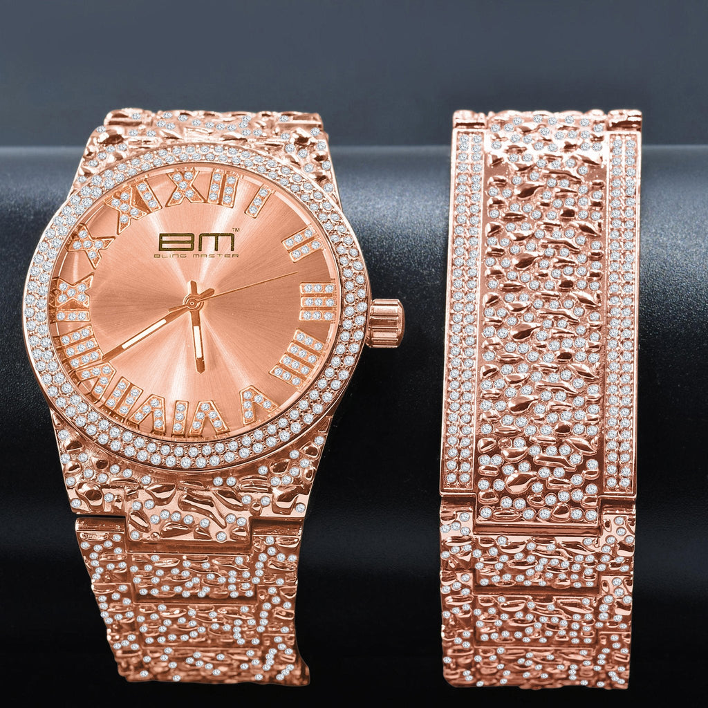 Rose Gold Iced-Out Watch & Bracelet Set – Luxury Style

