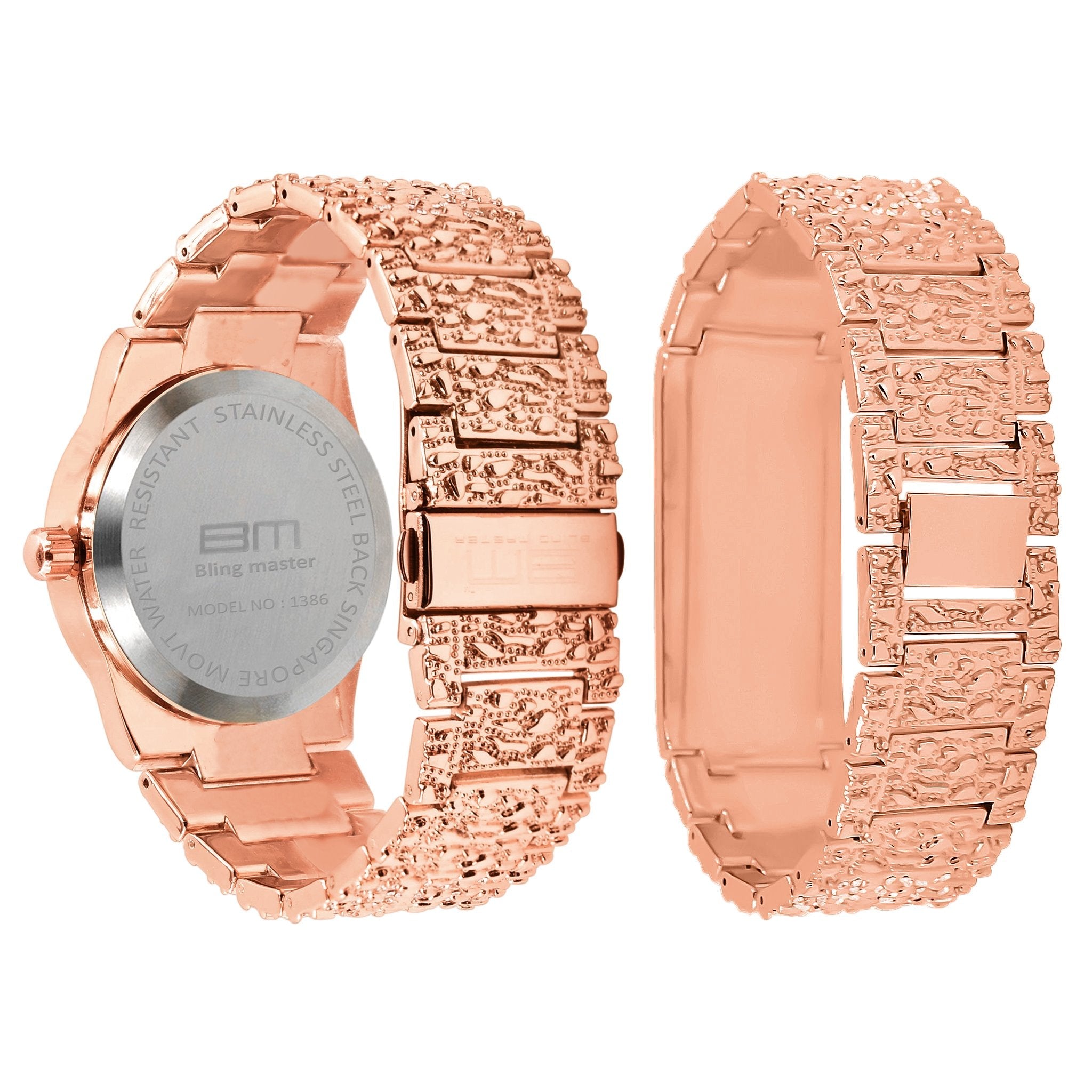 Rose gold watch and bracelet set on a white background