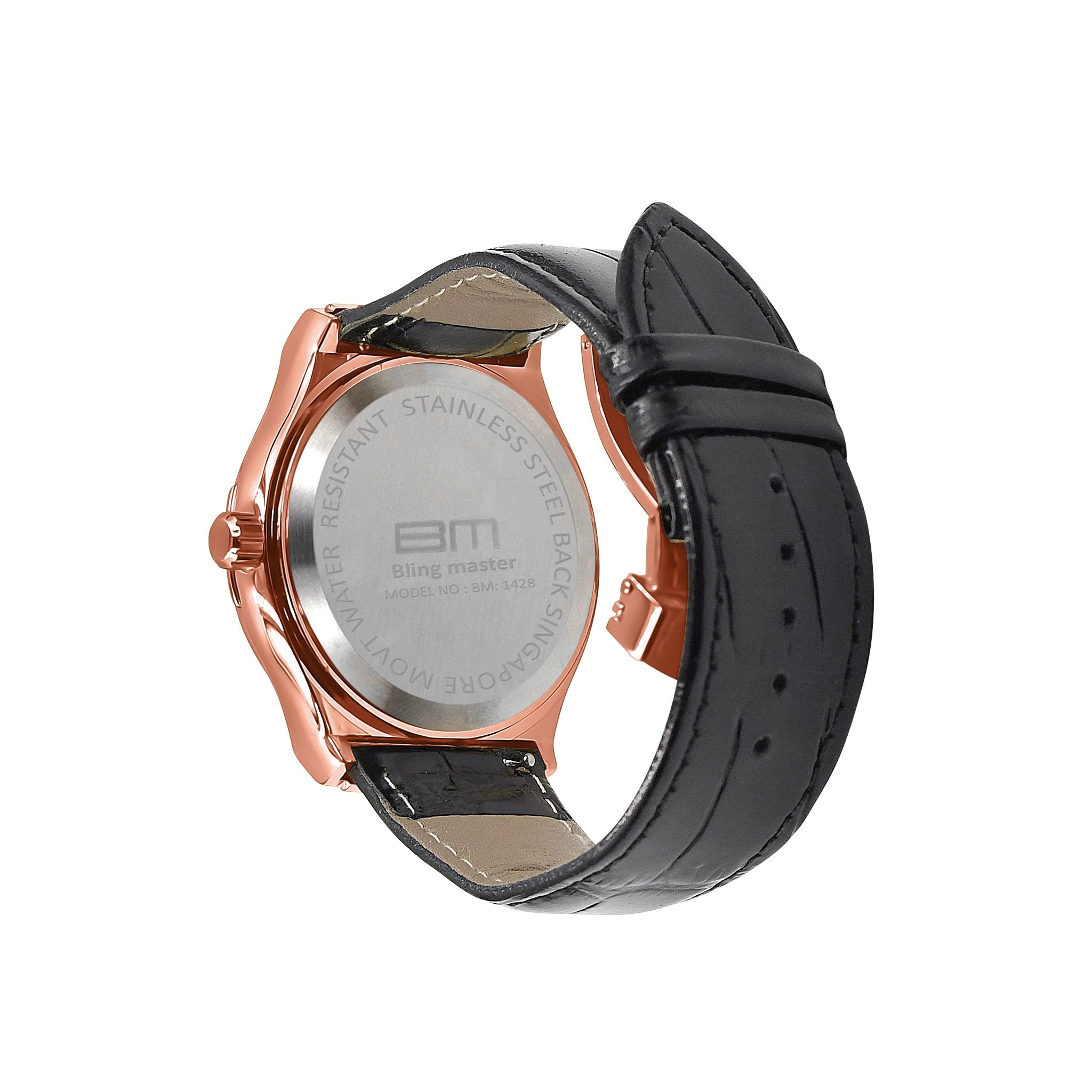 Wristwatch with black leather strap and rose gold case on a white background