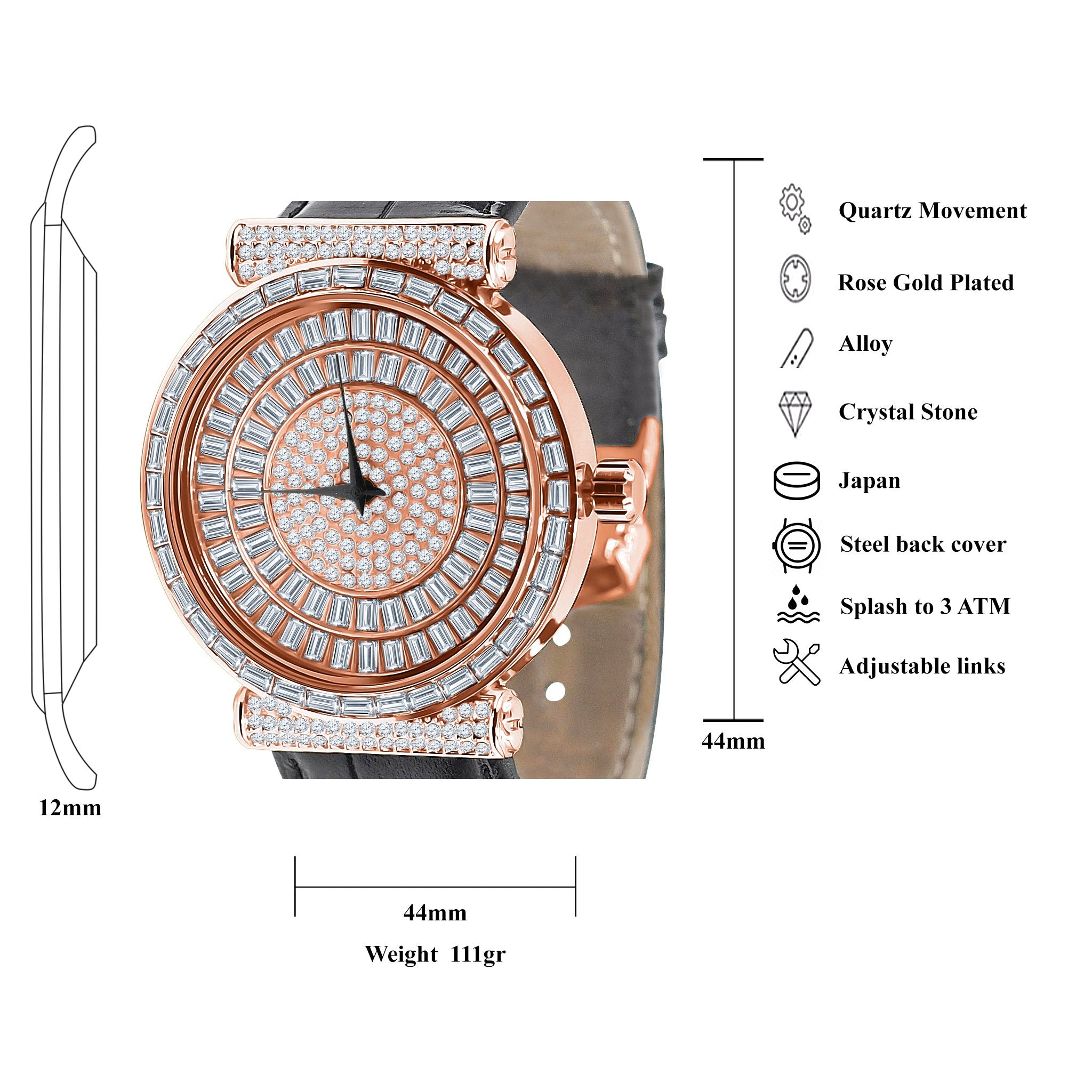 Rose gold watch accents and technical specifications on a white background