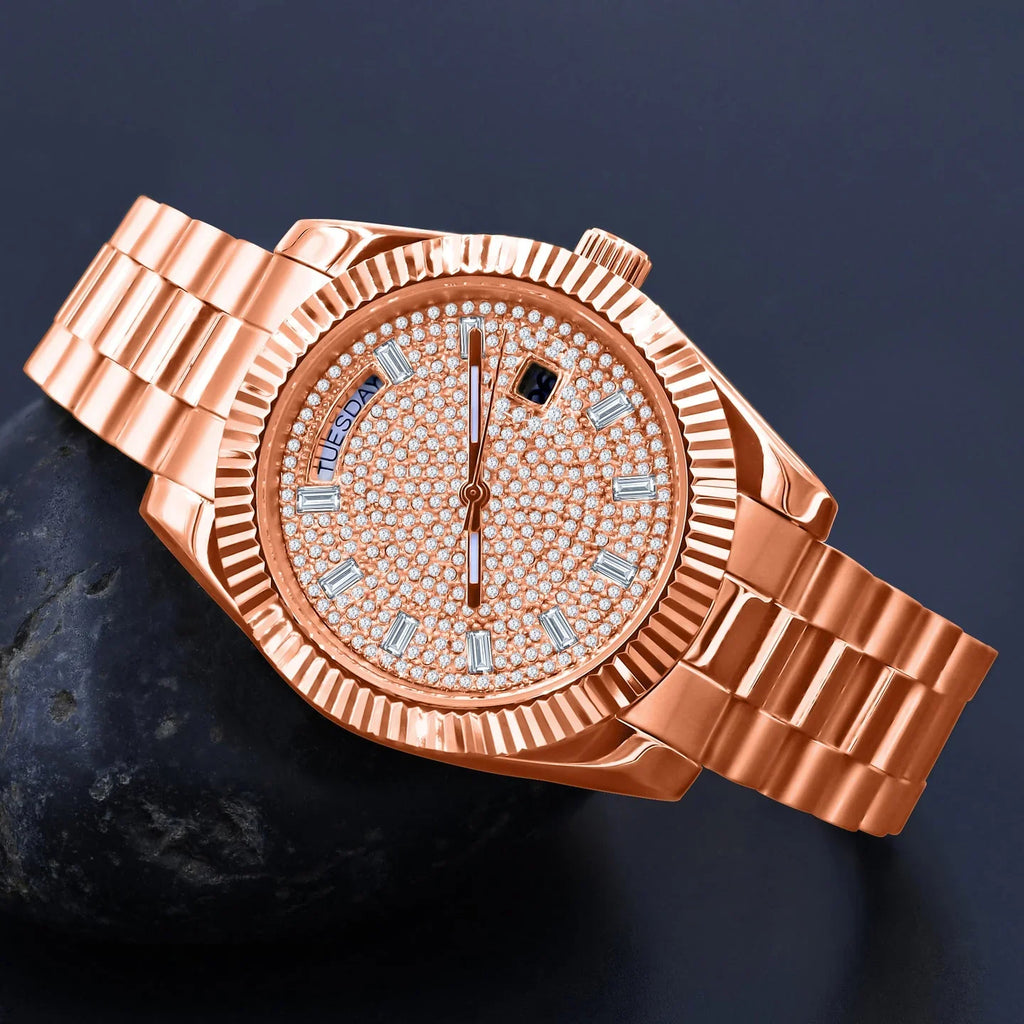 Rose gold watch with diamond-studded face on a dark background