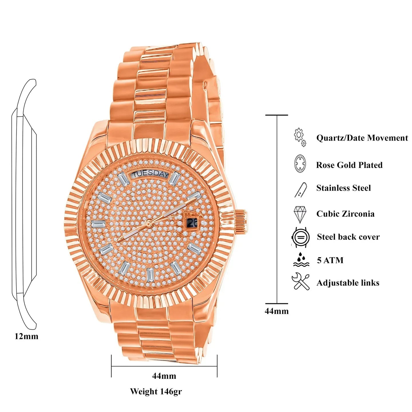 Rose gold watch with detailed specifications on a white background