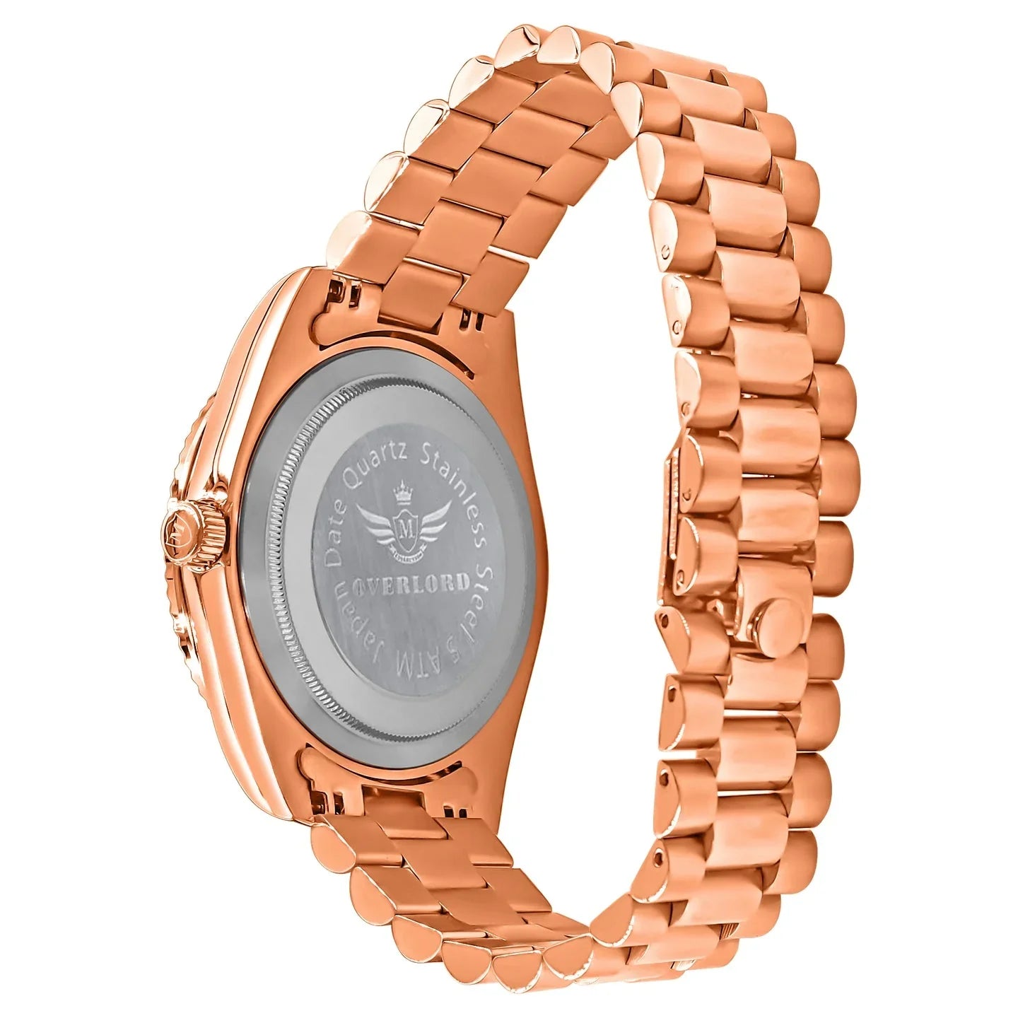 Rose gold watch with brand engraving on a white background