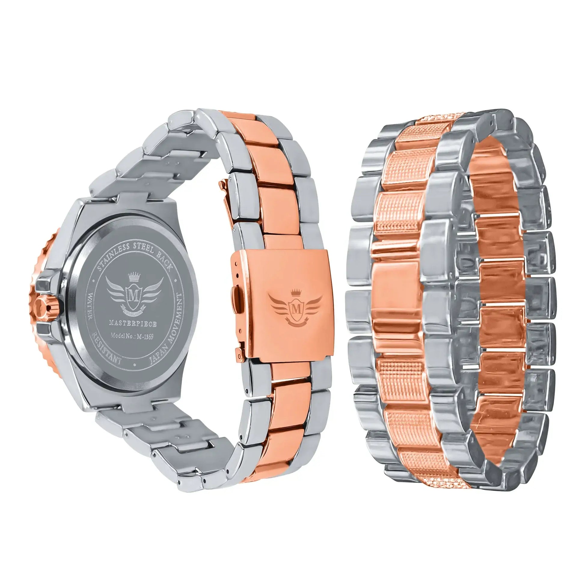 Two watches with rose gold and silver metal bands on a white background