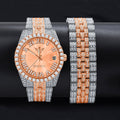 Luxury watch and bracelet set with rose gold and silver design on a black background