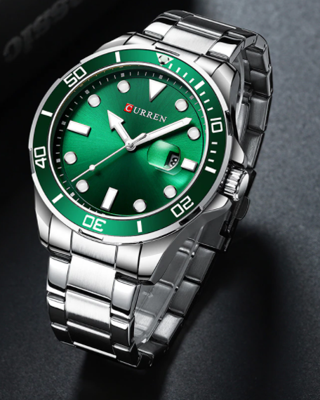Side view of luxury green face watch with stainless steel silver band