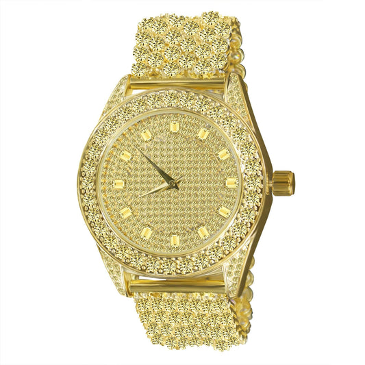 Gold watch with a sparkling bracelet on a white background