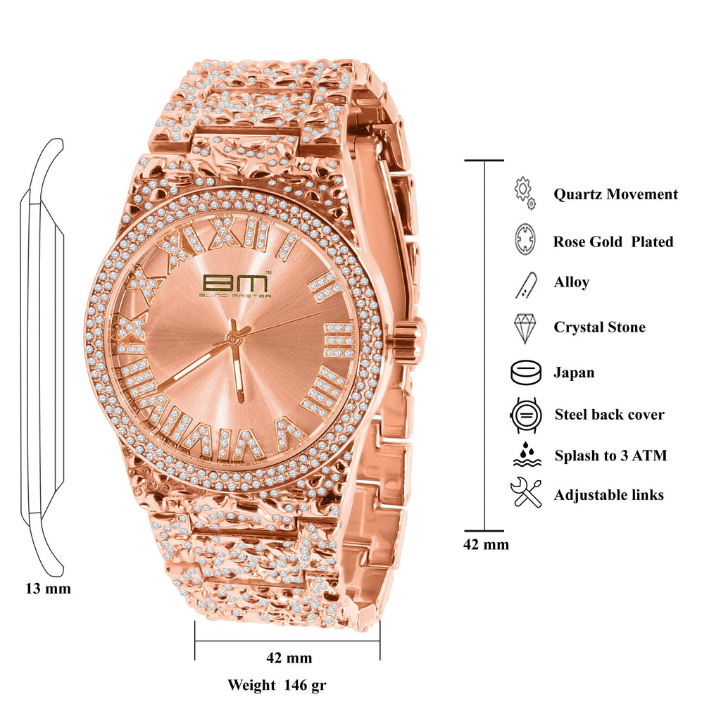 Rose gold watch with detailed design and specifications on a white background