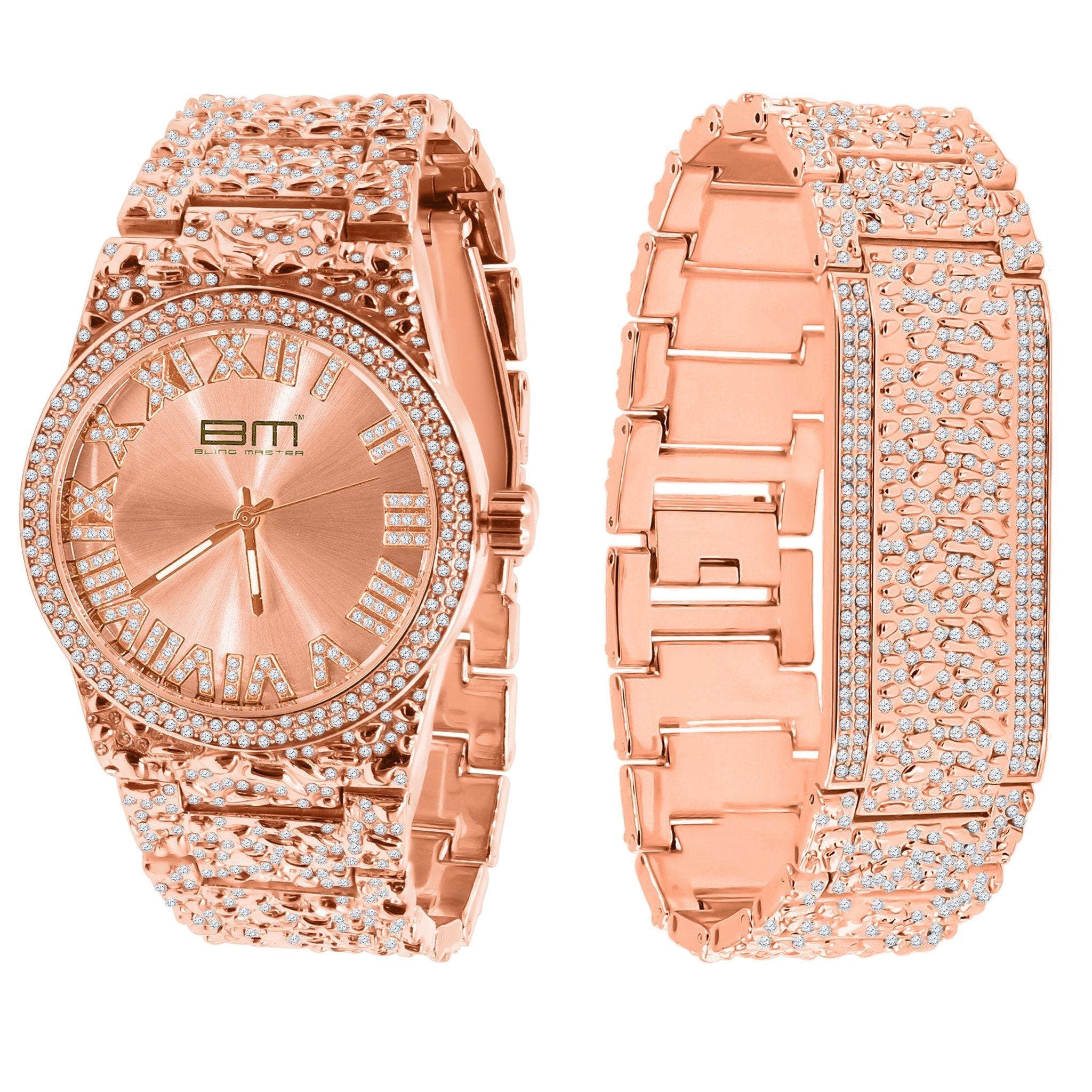 Rose gold watch and bracelet set on a white background