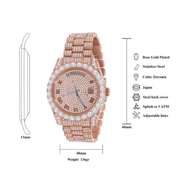 18K Rose Gold Men’s Watch – Full Steel, Day-Date, Roman Dial, Solitaire Simulated Diamond, 40mm - Iced Lux Watch Shop