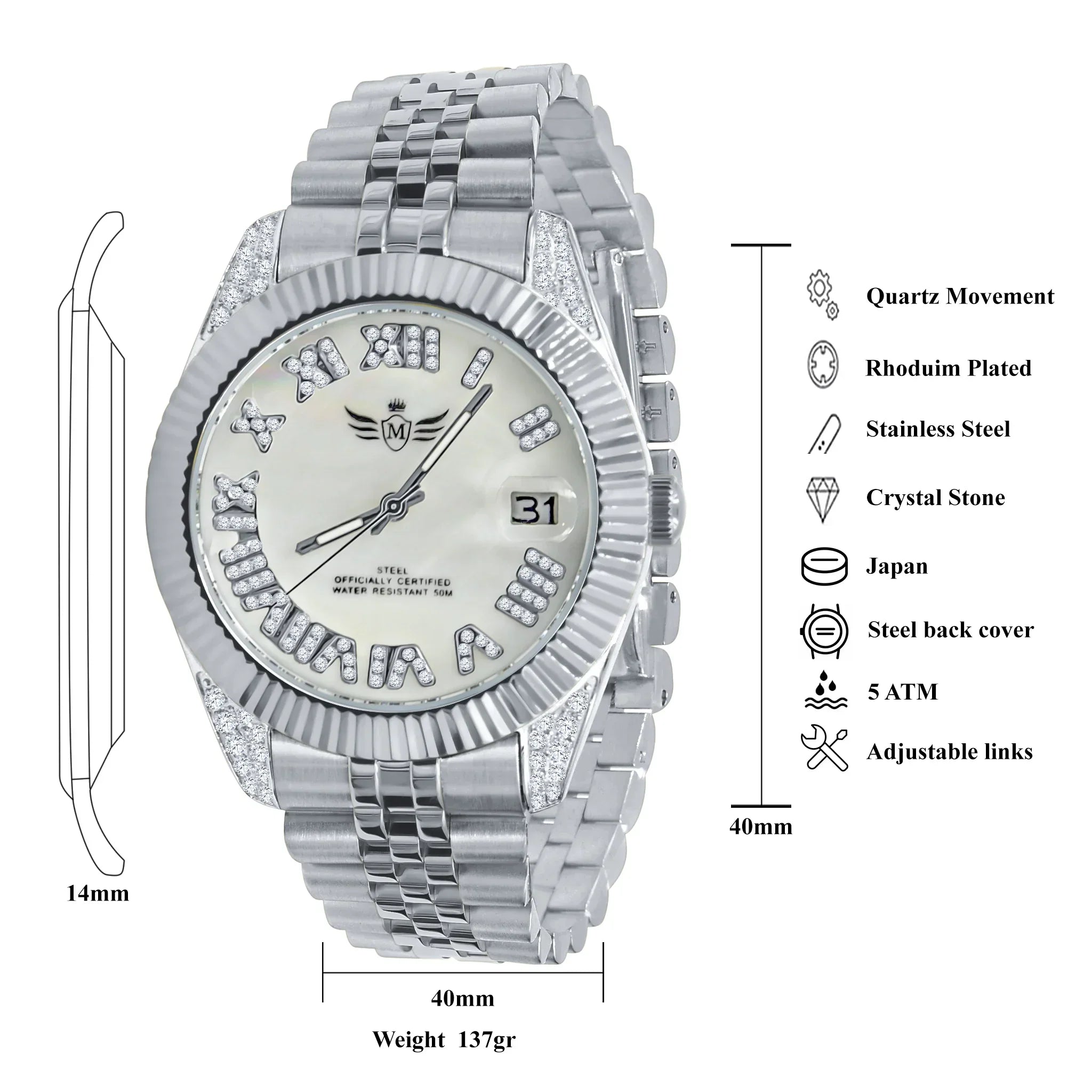 🕒 EARL Steel Quartz Watch – 40 mm Fully Bling - Iced Lux Watch Shop