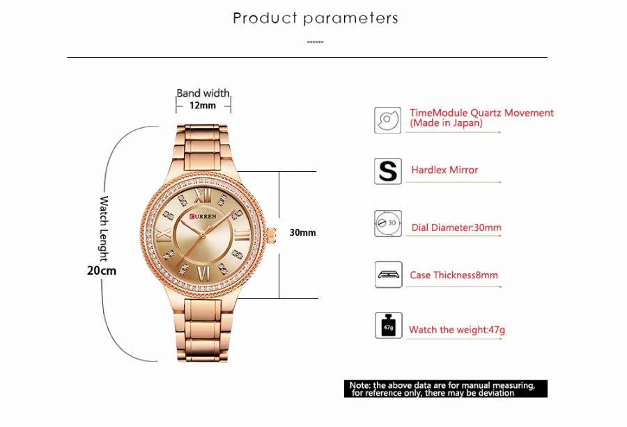 Gold watch with product parameters on a white background
