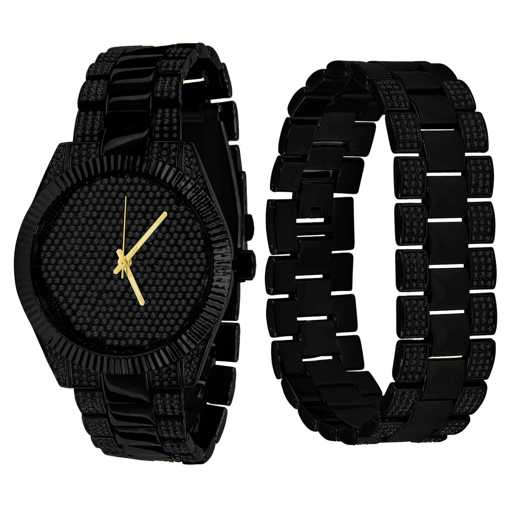 Black watch with gold hands and matching black band on a white background