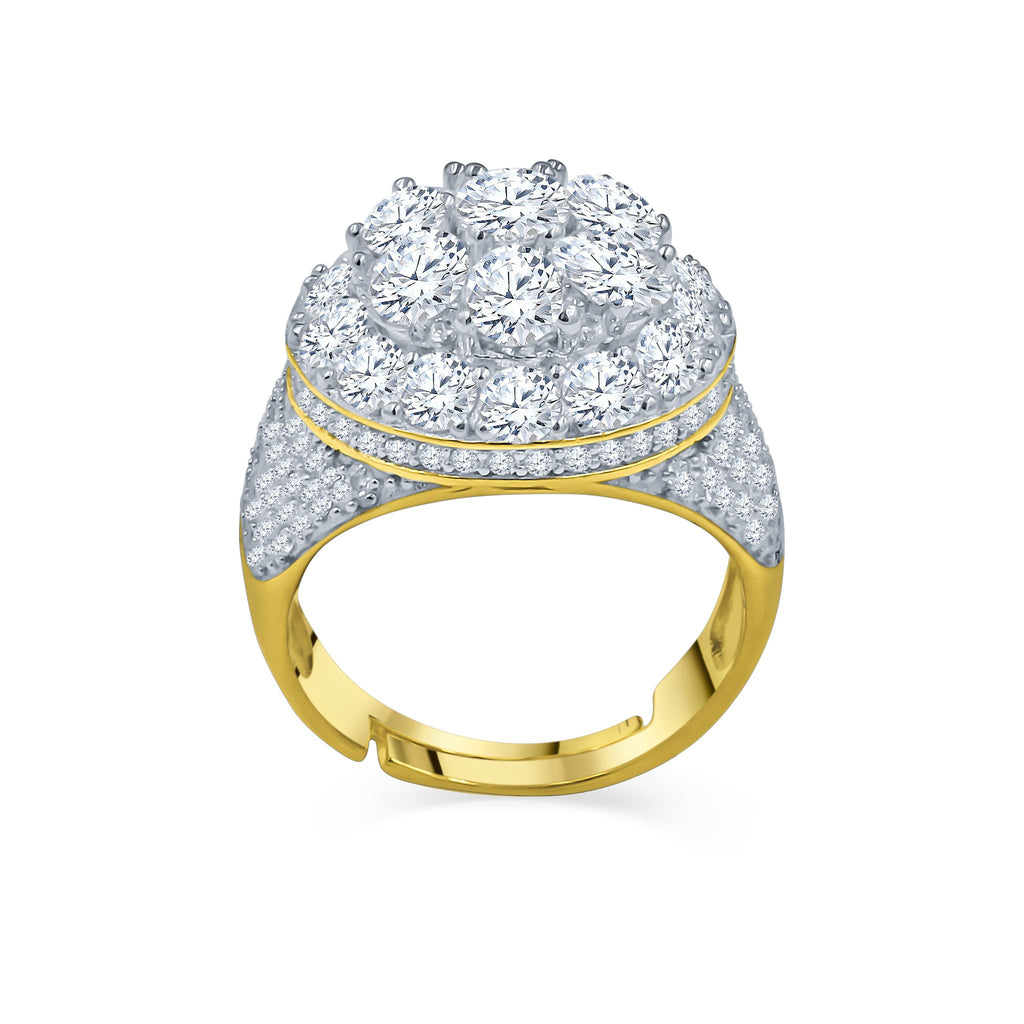 Gold and silver ring with diamond accents on a white background