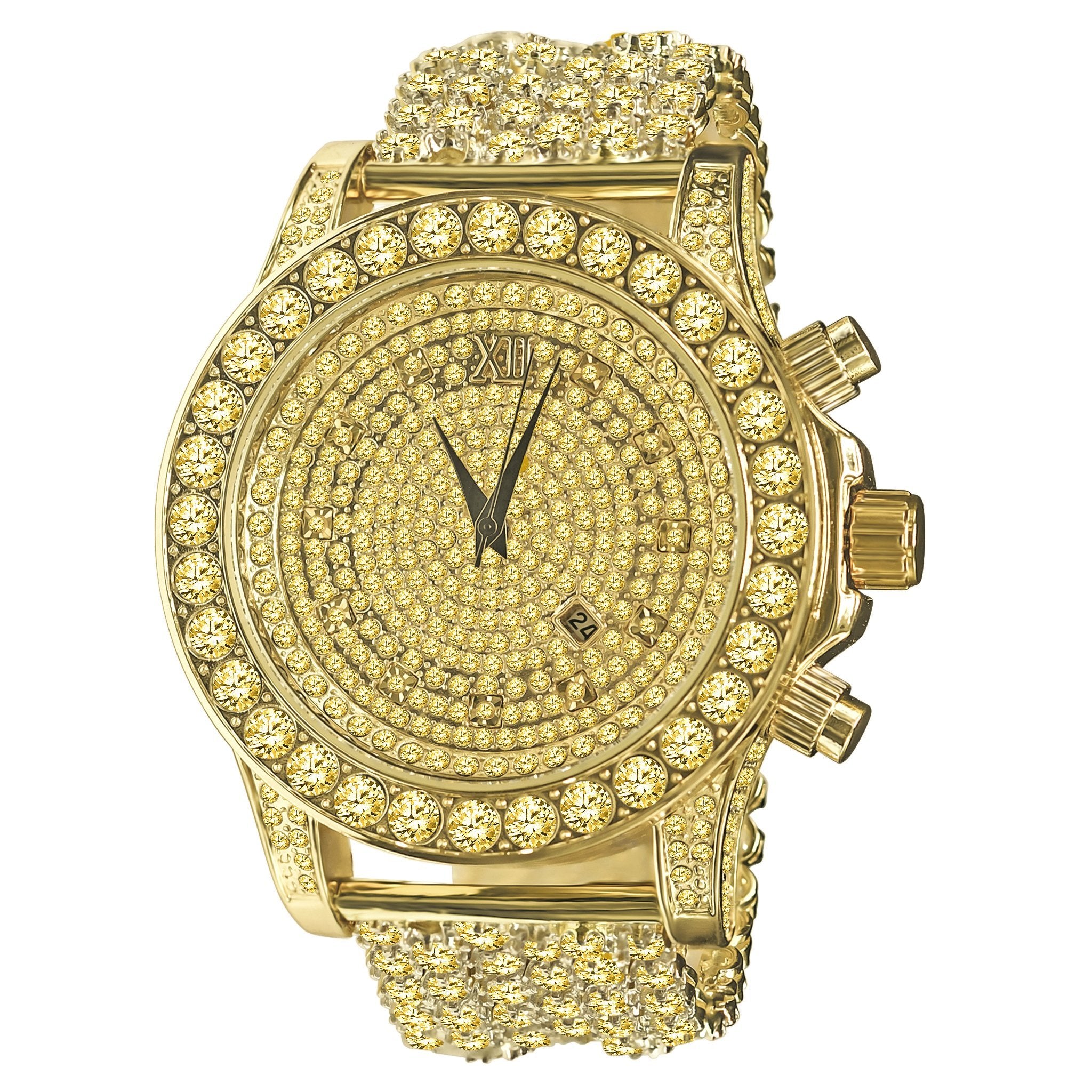 Gold watch with diamond-studded face and band on a white background