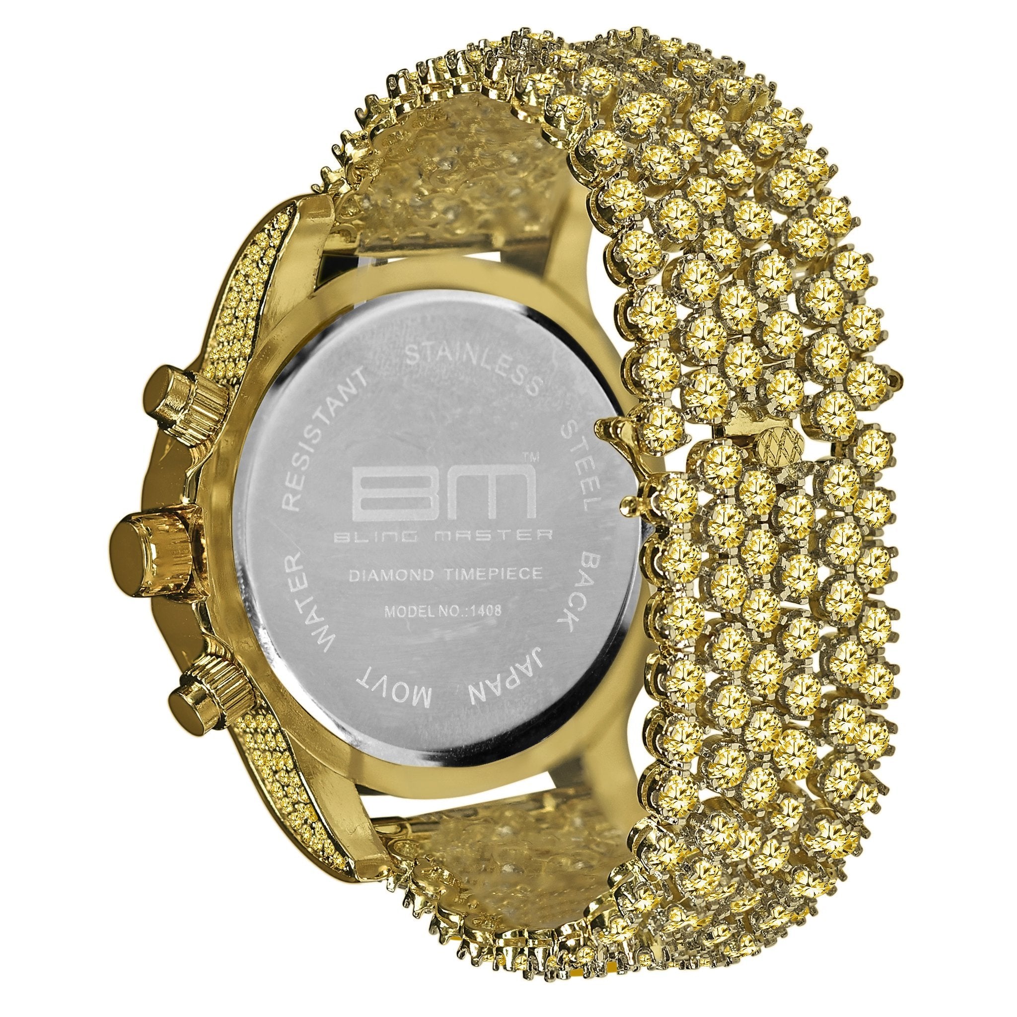 Gold watch with -studded band on a white background
