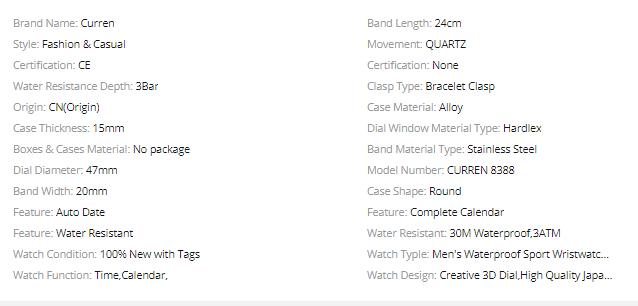 Product specifications for a watch on a white background