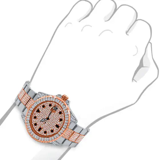 Luxury watch with rose gold and silver accents on a white background