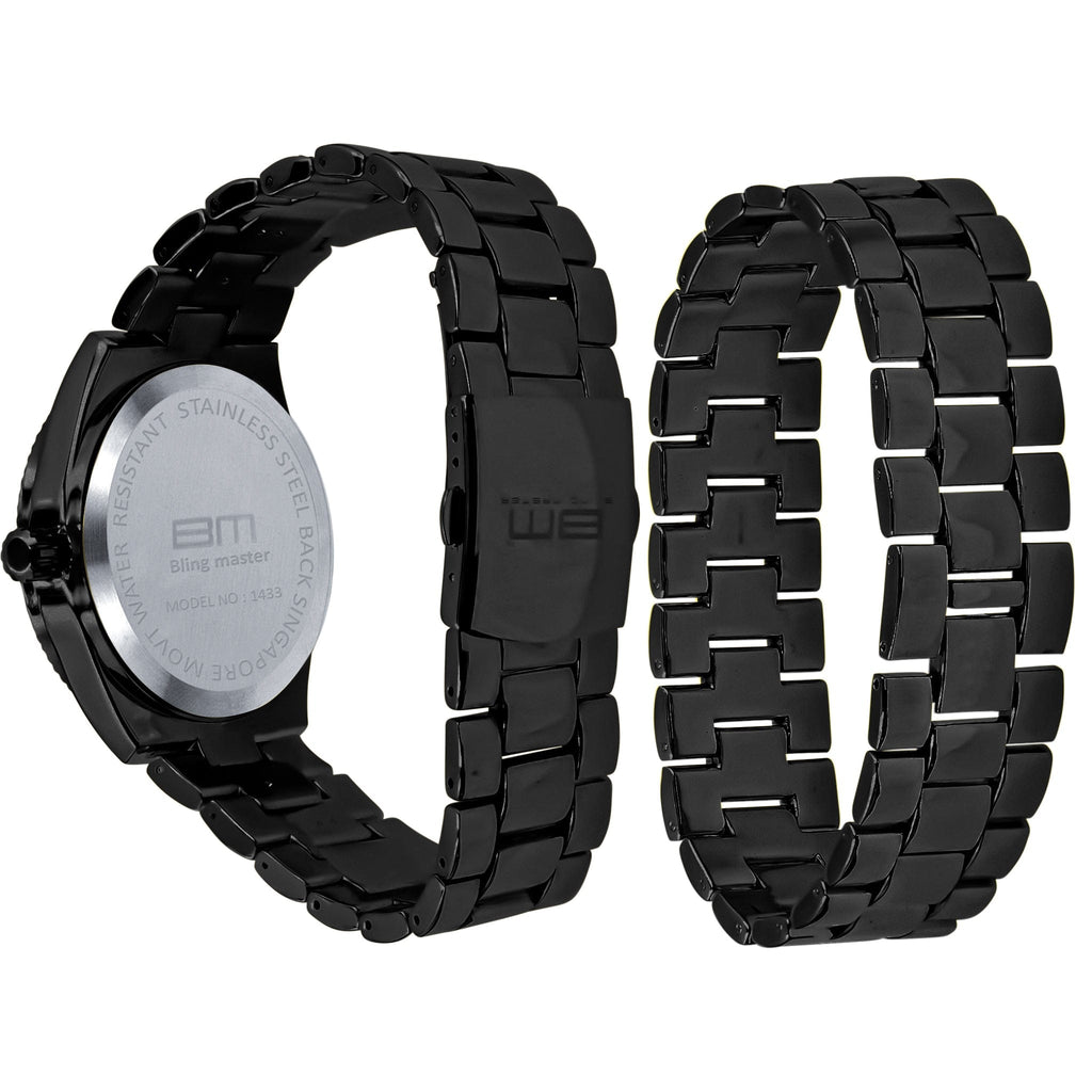 Black metal watch and bracelet set on a white background