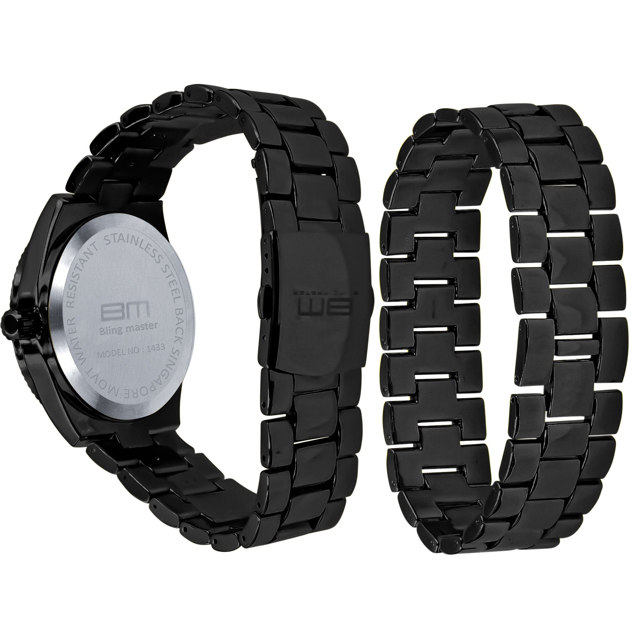 Black metal watch and bracelet set on a white background