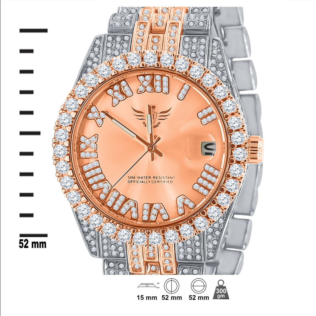 Luxury watch with rose gold and silver design on a white background