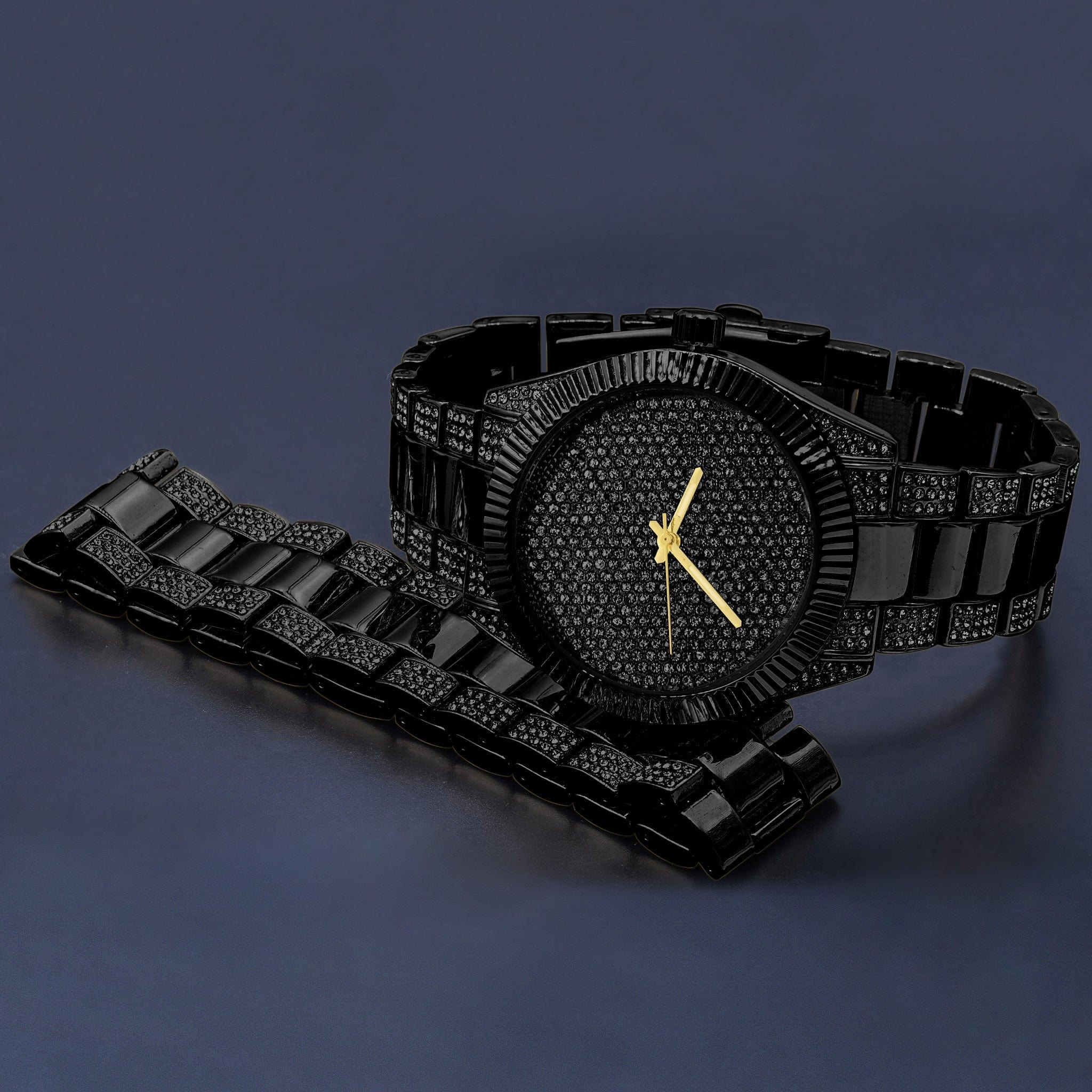 Black diamond-encrusted watch with matching bracelet on a dark background